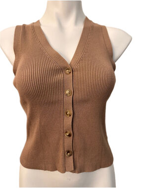 Marled Ribbed Button-Front Tank Top - Camel Brown
